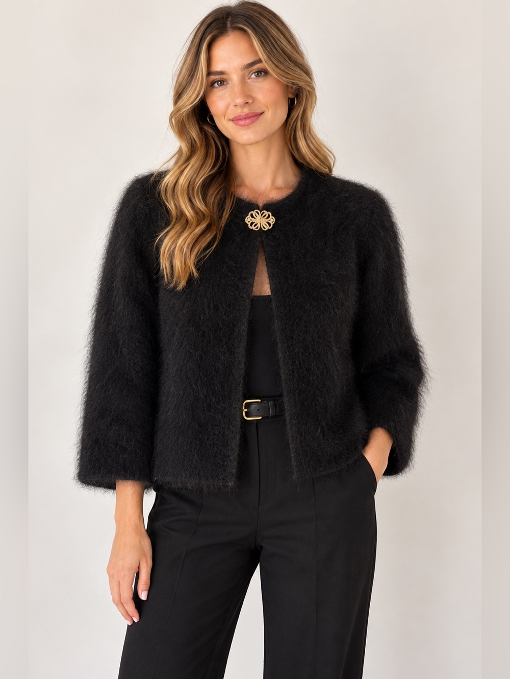 Venesha Angora Black Teddy Jacket with Decorative Closure